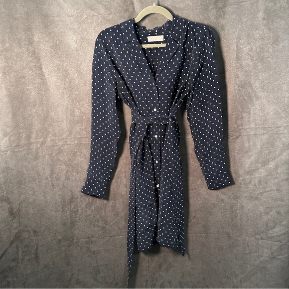 Everlane Polka Dot Dress Navy/White (4) Tie Waist Cupro, Preppy, Minimalist - Picture 7 of 14